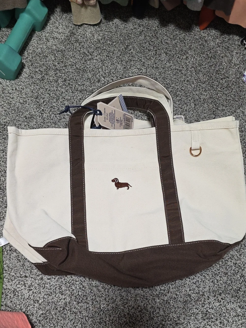 Canvas Tote Bag with Brown Trim and Dachshund Embroidery